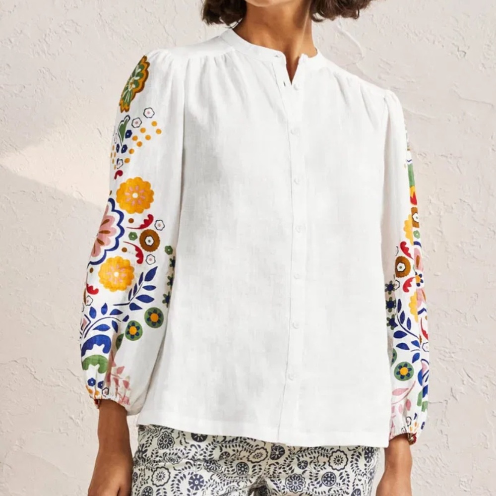Boden Sz 20/22 Linen Blouse with Multicolor Printed Sleeves - Picture 1 of 10